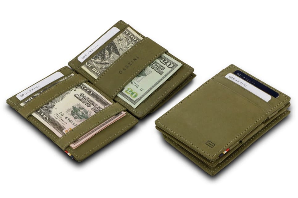 Front and open view of Essenziale Magic Coin Wallet in Olive Green with pull tab, coin pocket, and money straps.