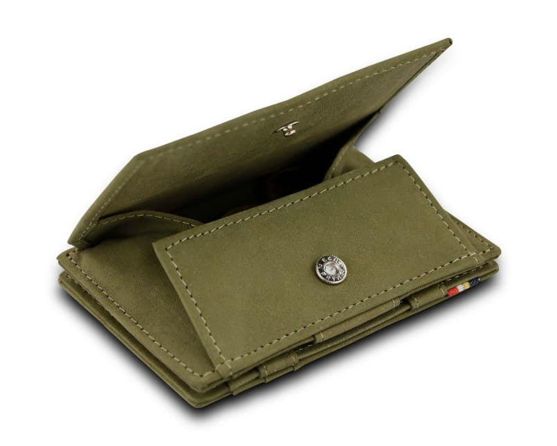 Back view of Essenziale Magic Coin Wallet in Olive Green with open coin pocket.