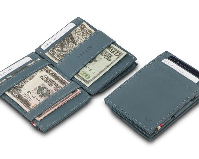 Front and open view of Essenziale Magic Coin Wallet in Sapphire Blue with pull tab, coin pocket, and money straps.