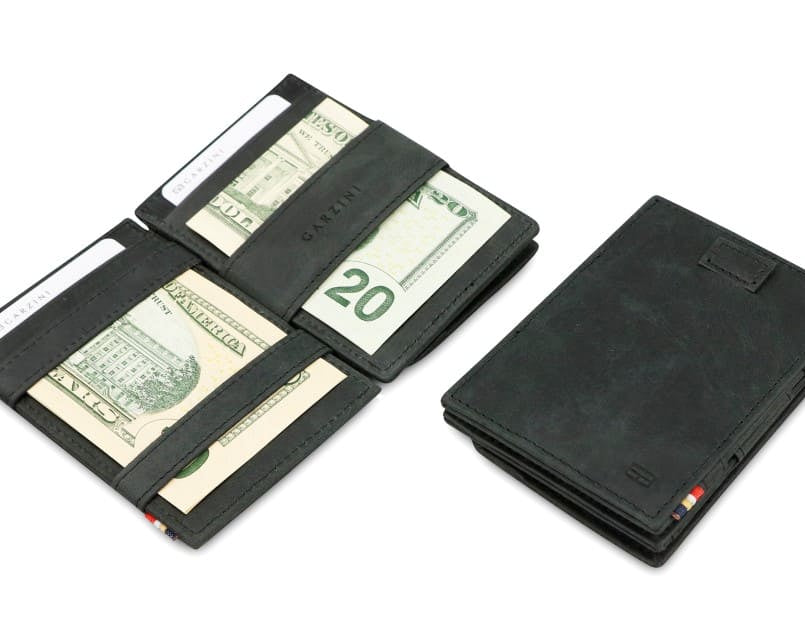 Front and open view of Cavare Magic Coin Wallet Card Sleeve in Brushed Black with pull tab, coin pocket, and money straps.