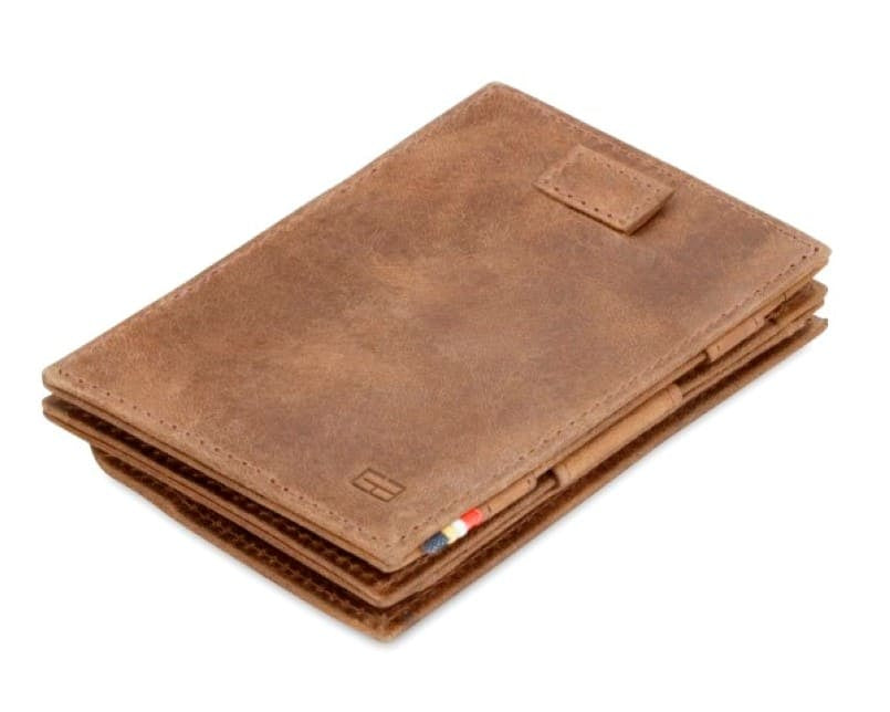 Front view of Cavare Magic Coin Wallet Card Sleeve Brushed in Brushed Brown with pull tab.