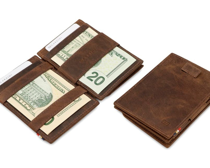 Front and open view of Cavare Magic Coin Wallet Card Sleeve in Brushed Brown with pull tab, coin pocket, and money straps.