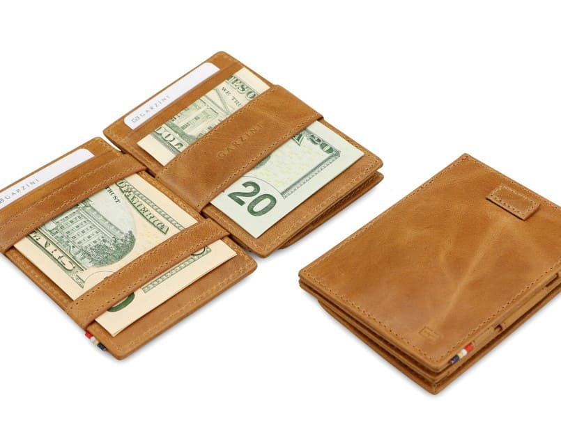 Front and open view of Cavare Magic Coin Wallet Card Sleeve in Brushed Cognac with pull tab, coin pocket, and money straps.