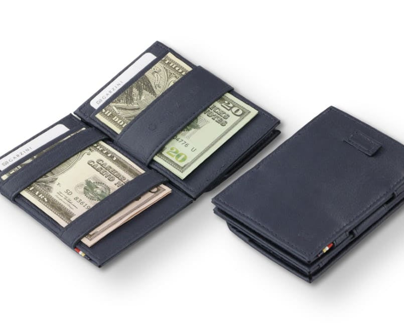 Front and open view of Cavare Magic Coin Wallet Card Sleeve in Cactus Blue with pull tab, coin pocket, and money straps.