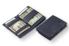 Front and open view of Cavare Magic Coin Wallet Card Sleeve in Cactus Blue with pull tab, coin pocket, and money straps.