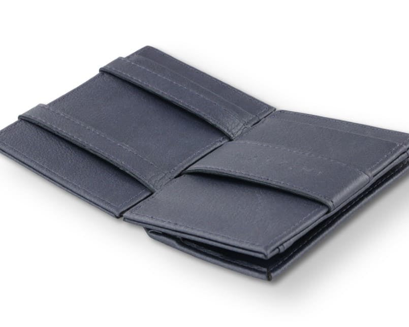 Open Cavare Magic Coin Wallet Card Sleeve Vegan  in Cactus Blue with pull tab, back coin pocket, and money straps.