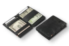Front and open view of Cavare Magic Coin Wallet Card Sleeve in Cactus Black with pull tab, coin pocket, and money straps.
