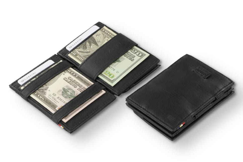 Front and open view of Cavare Magic Coin Wallet Card Sleeve in Cactus Black with pull tab, coin pocket, and money straps.
