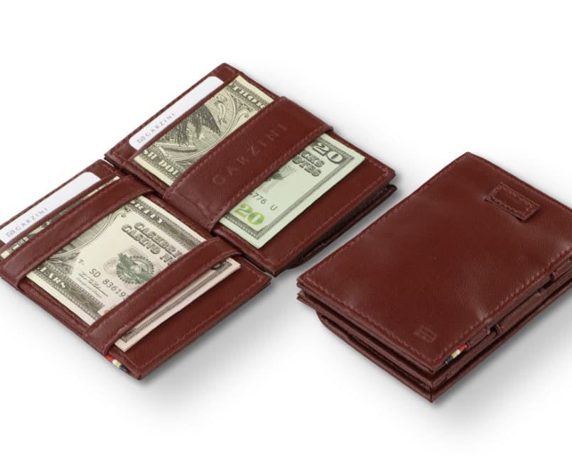 Front and open view of Cavare Magic Coin Wallet Card Sleeve in Cactus Burgundy with pull tab, coin pocket, and money straps.