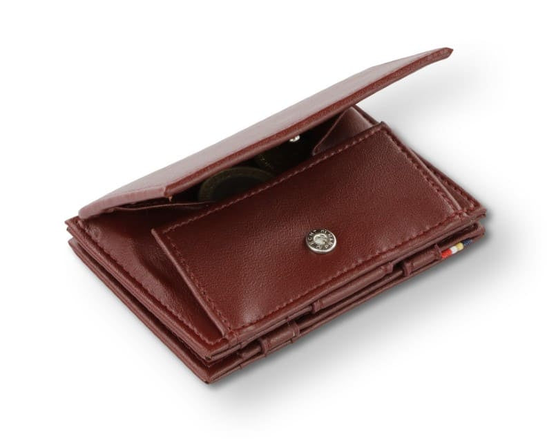 Back view of Cavare Magic Coin Wallet Card Sleeve Vegan in Cactus Burgundy with open coin pocket.