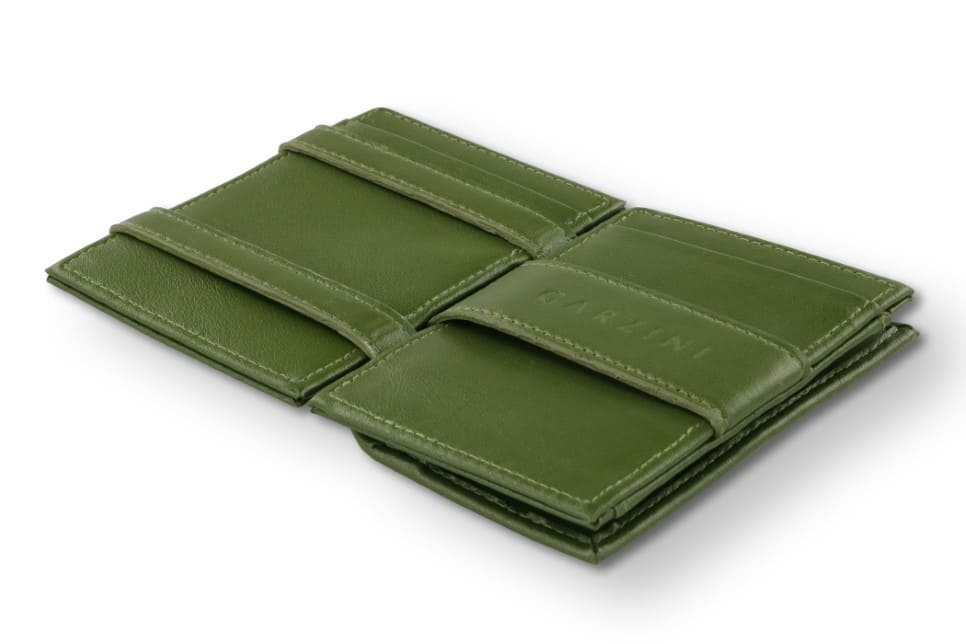 Open Cavare Magic Coin Wallet Card Sleeve Vegan  in Cactus Green with pull tab, back coin pocket, and money straps.