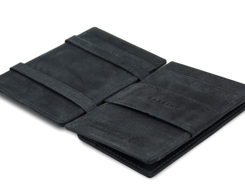 Open Cavare Magic Coin Wallet Card Sleeve Vintage  in Carbon Black with pull tab, back coin pocket, and money straps.