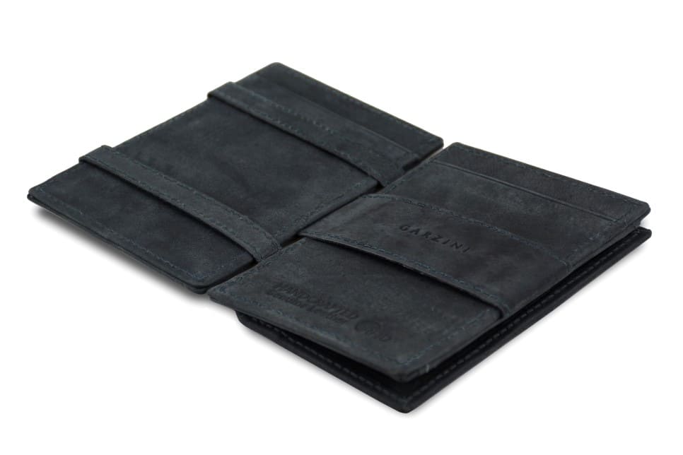 Open Cavare Magic Coin Wallet Card Sleeve Vintage  in Carbon Black with pull tab, back coin pocket, and money straps.