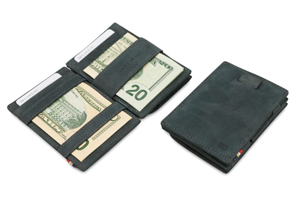 Front and open view of Cavare Magic Coin Wallet Card Sleeve in Carbon Black with pull tab, coin pocket, and money straps.