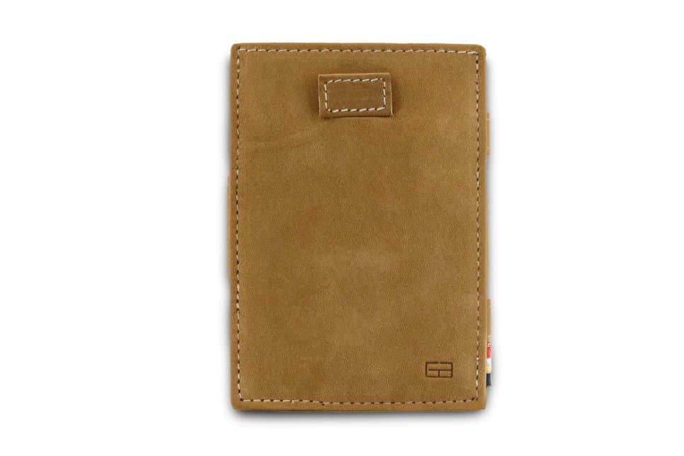 Front view of Cavare Magic Coin Wallet Card Sleeve Vintage in camel brown.