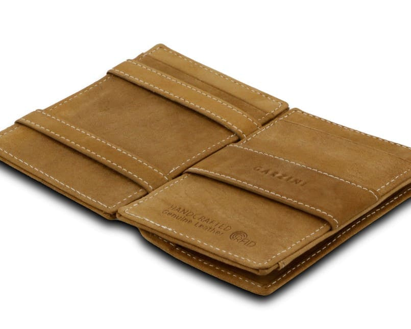 Open Cavare Magic Coin Wallet Card Sleeve Vintage  in camel brown with pull tab, back coin pocket, and money straps.