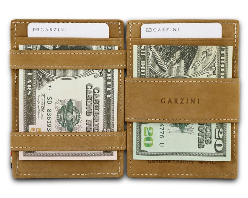 Open view of Cavare Magic Coin Wallet Card Sleeve Vintage  in camel brown with money inside.