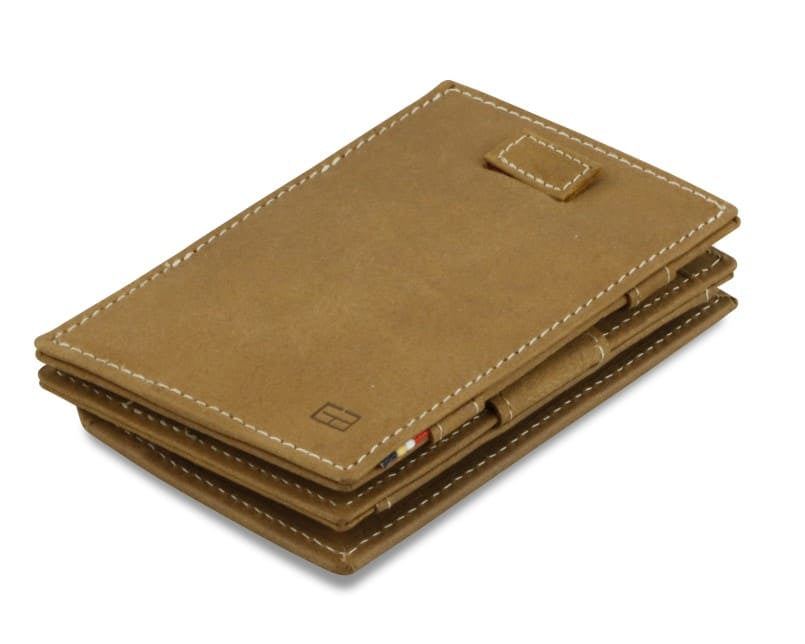 Front view of Cavare Magic Coin Wallet Card Sleeve Vintage in camel brown with pull tab.