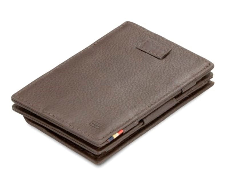 Front view of Cavare Magic Coin Wallet Card Sleeve Nappa in Chocolate Brown with pull tab.