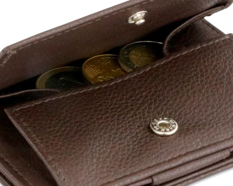 Back view of Cavare Magic Coin Wallet Card Sleeve Nappa in Chocolate Brown with open coin pocket.