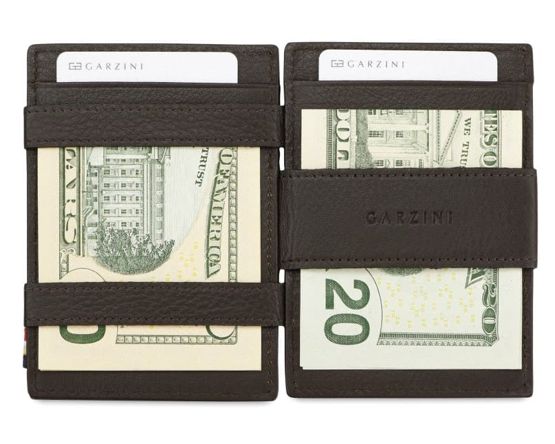 Open view of Cavare Magic Coin Wallet Card Sleeve Nappa  in Chocolate Brown with money inside.