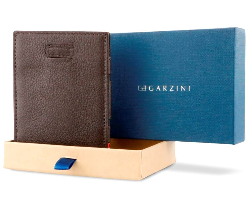 Half-open blue box with Garzini brand name Inside the box, the Chocolate Brown wallet is wrapped in tissue paper, placed in a light cardboard box with a blue strap.