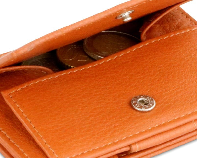 Back view of Cavare Magic Coin Wallet Card Sleeve Nappa in Cognac Brown with open coin pocket.