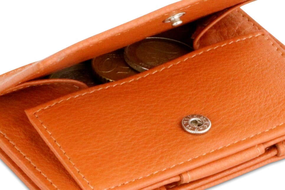 Back view of Cavare Magic Coin Wallet Card Sleeve Nappa in Cognac Brown with open coin pocket.