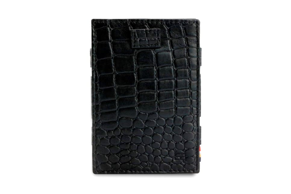 Front view of Cavare Magic Coin Wallet Card Sleeve Croco in Black.