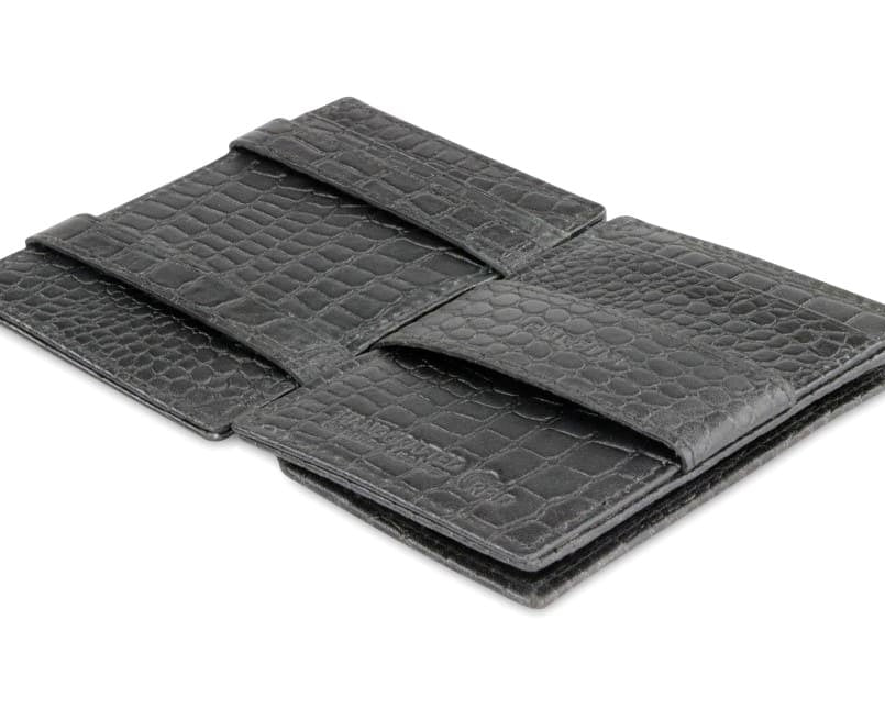 Open Cavare Magic Coin Wallet Card Sleeve Croco  in Black with pull tab, back coin pocket, and money straps.