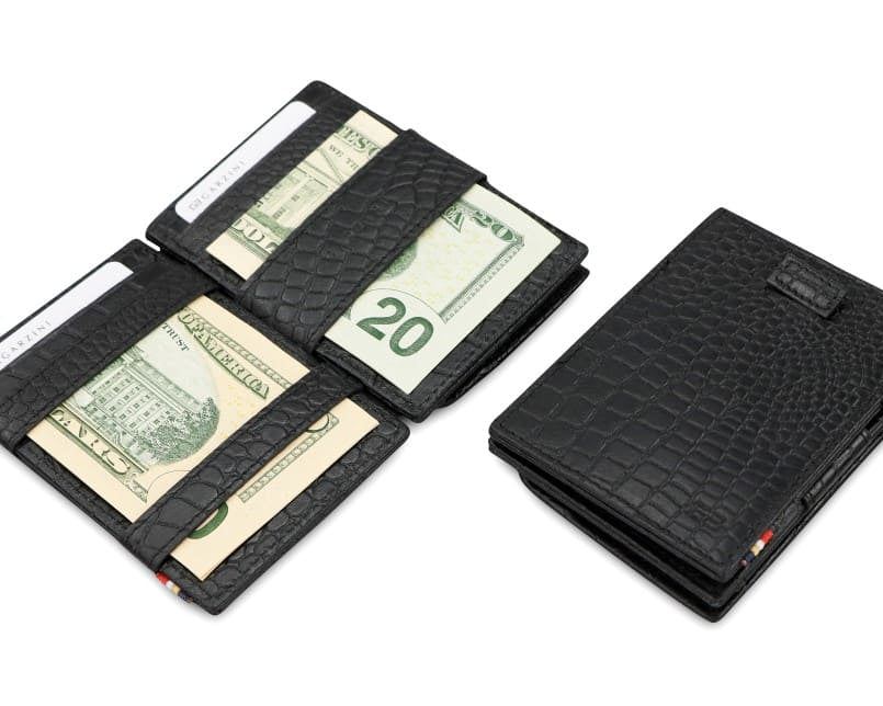 Front and open view of Cavare Magic Coin Wallet Card Sleeve in Black with pull tab, coin pocket, and money straps.