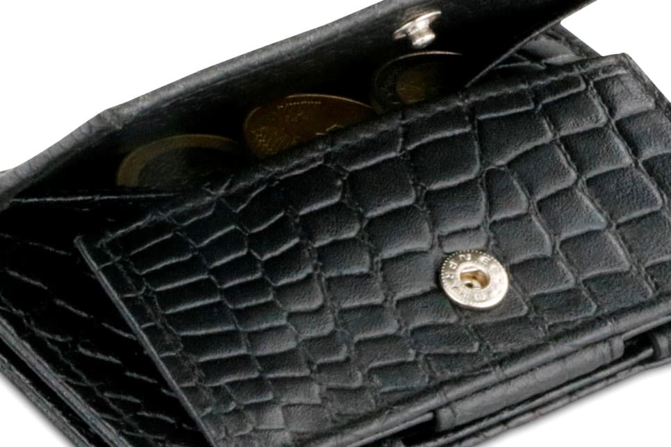 Back view of Cavare Magic Coin Wallet Card Sleeve Croco in Black with open coin pocket.