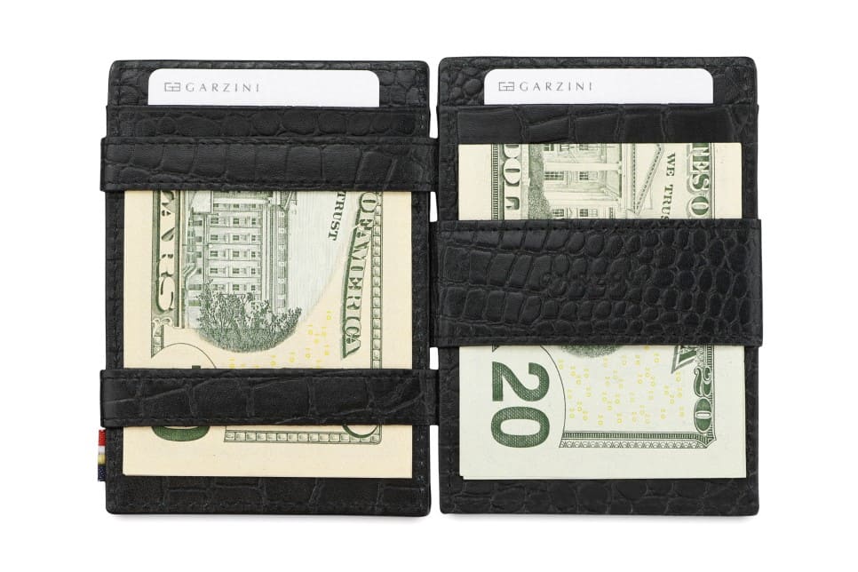 Open view of Cavare Magic Coin Wallet Card Sleeve Croco  in Black with money inside.