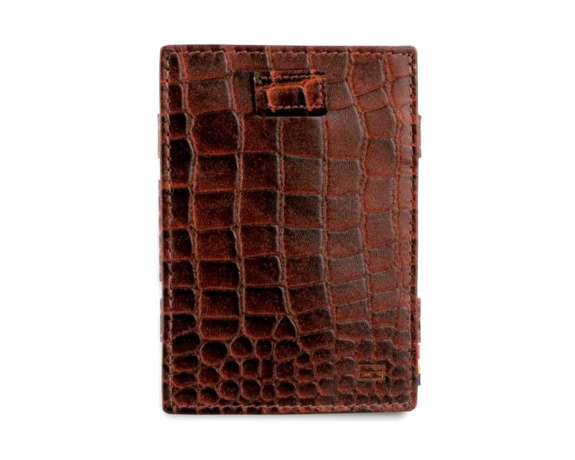 Front view of Cavare Magic Coin Wallet Card Sleeve Croco in Brown.