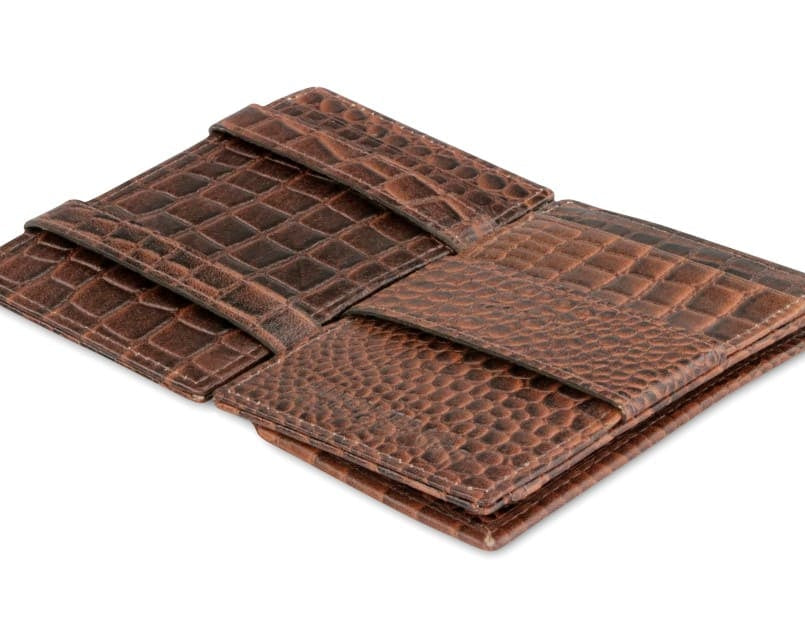Open Cavare Magic Coin Wallet Card Sleeve Croco  in Brown with pull tab, back coin pocket, and money straps.