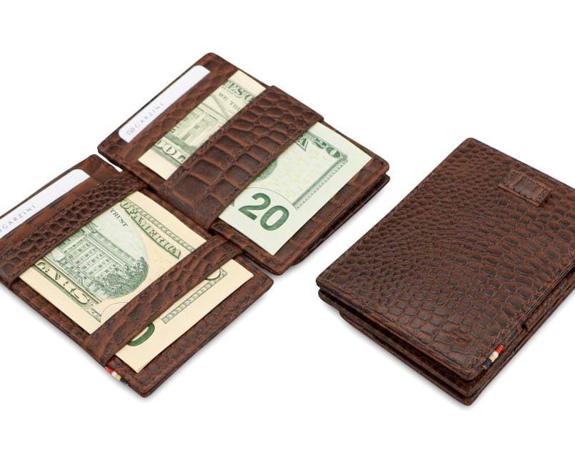 Front and open view of Cavare Magic Coin Wallet Card Sleeve in Brown with pull tab, coin pocket, and money straps.