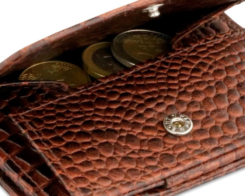 Back view of Cavare Magic Coin Wallet Card Sleeve Croco in Brown with open coin pocket.