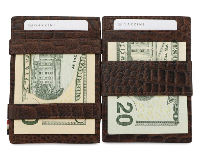 Open view of Cavare Magic Coin Wallet Card Sleeve Croco  in Brown with money inside.