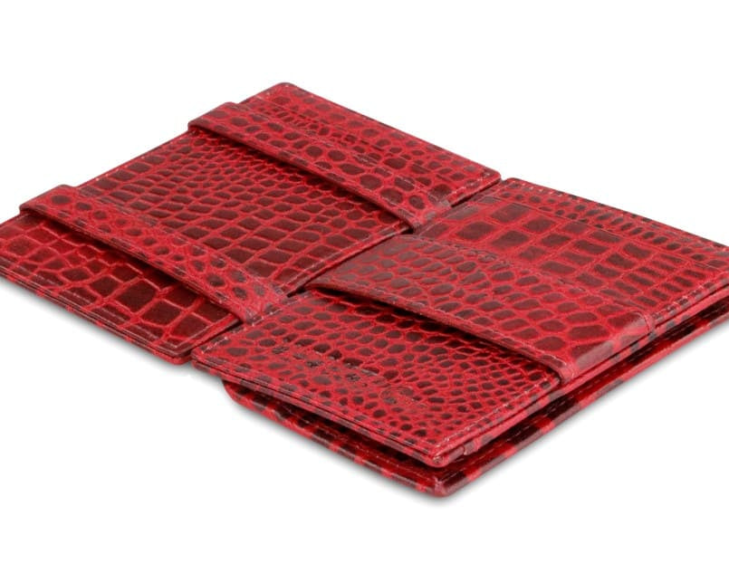 Open Cavare Magic Coin Wallet Card Sleeve Croco  in Burgundy with pull tab, back coin pocket, and money straps.