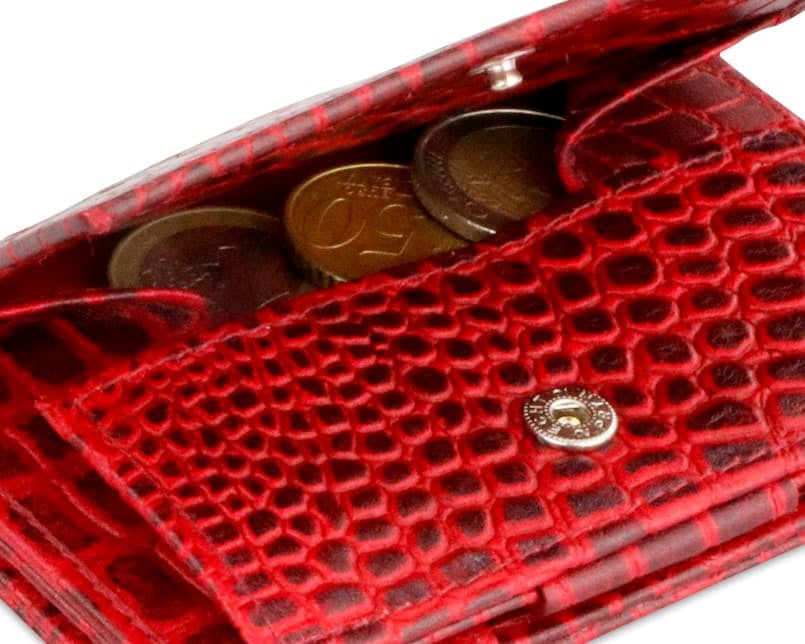 Back view of Cavare Magic Coin Wallet Card Sleeve Croco in Burgundy with open coin pocket.