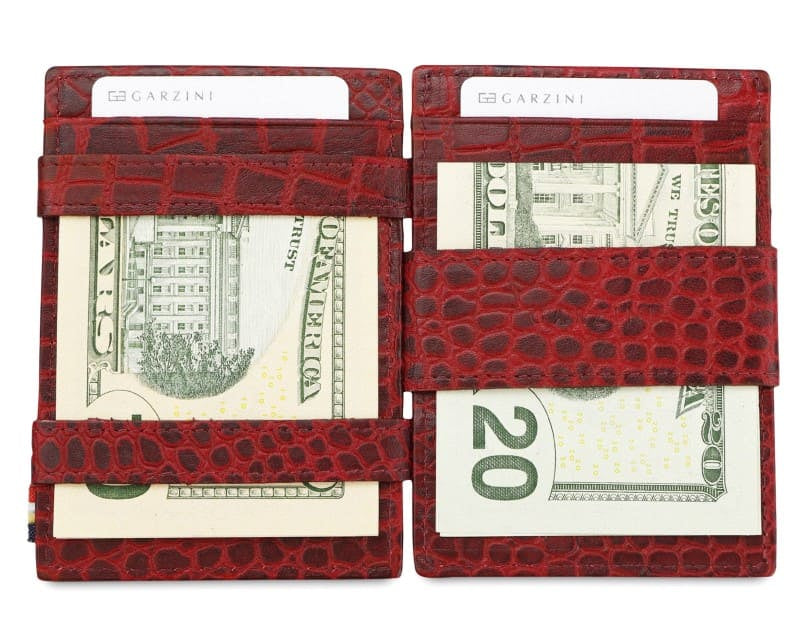 Open view of Cavare Magic Coin Wallet Card Sleeve Croco  in Burgundy with money inside.