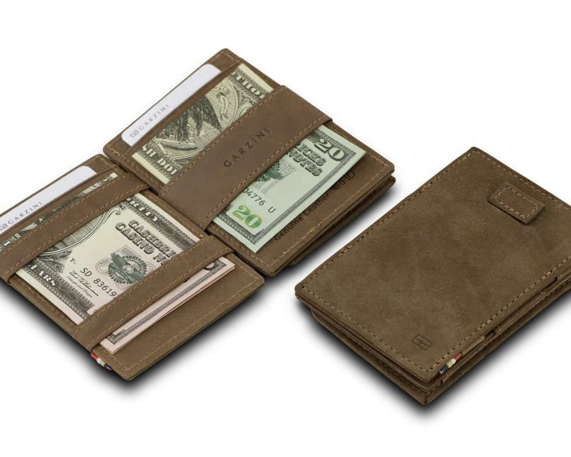 Front and open view of Cavare Magic Coin Wallet Card Sleeve in Java Brown with pull tab, coin pocket, and money straps.