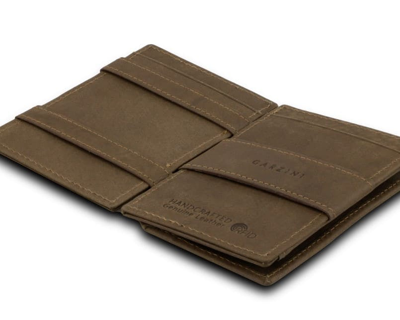 Open Cavare Magic Coin Wallet Card Sleeve Vintage  in Java Brown with pull tab, back coin pocket, and money straps.