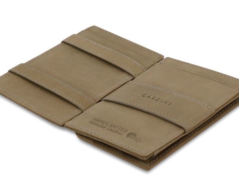 Open Cavare Magic Coin Wallet Card Sleeve Vintage  in Metal Grey with pull tab, back coin pocket, and money straps.