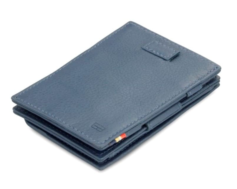 Front view of Cavare Magic Coin Wallet Card Sleeve Nappa in Navy Blue with pull tab.