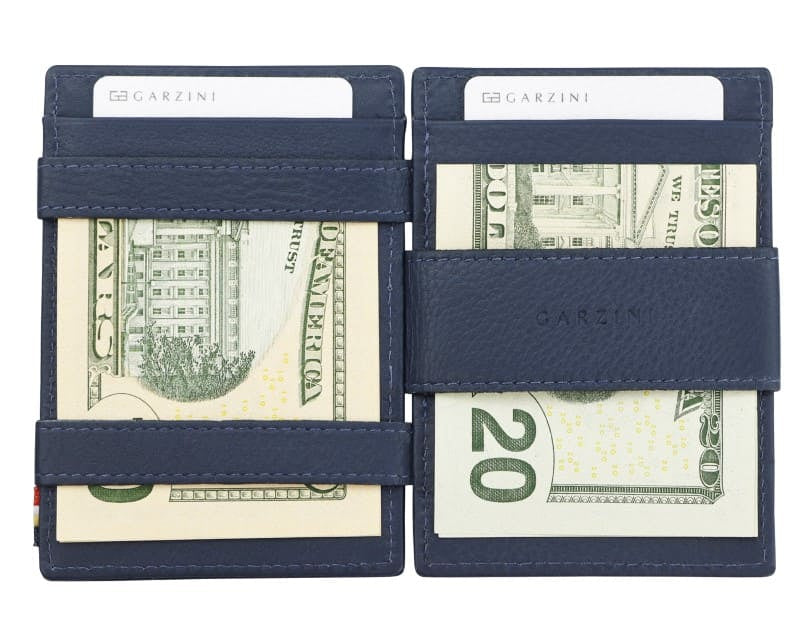 Open view of Cavare Magic Coin Wallet Card Sleeve Nappa  in Navy Blue with money inside.