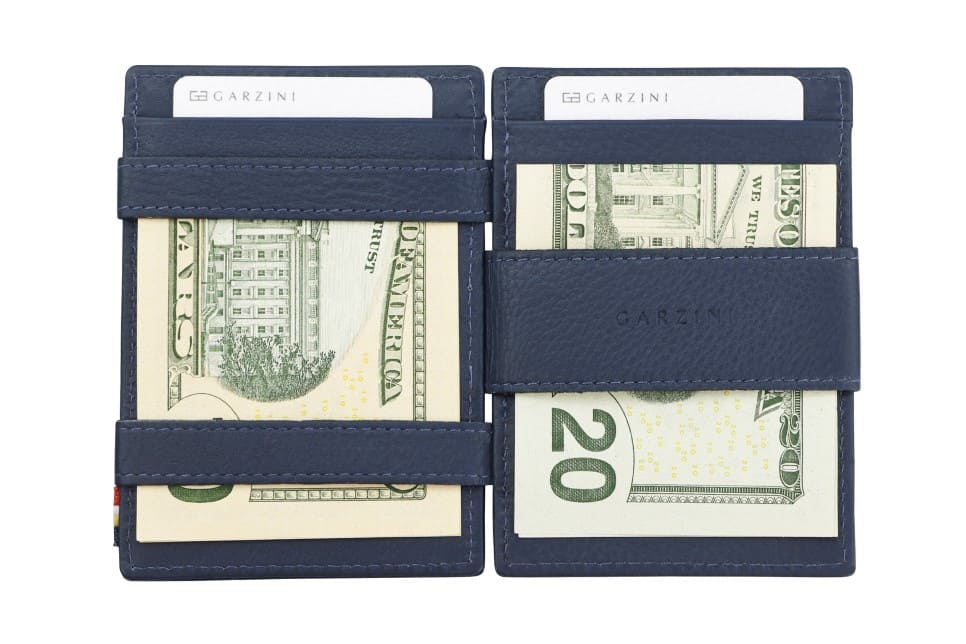 Open view of Cavare Magic Coin Wallet Card Sleeve Nappa  in Navy Blue with money inside.