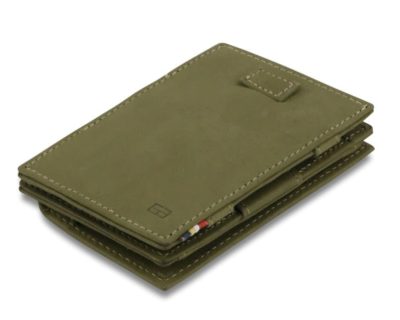 Front view of Cavare Magic Coin Wallet Card Sleeve Vintage in Olive Green with pull tab.