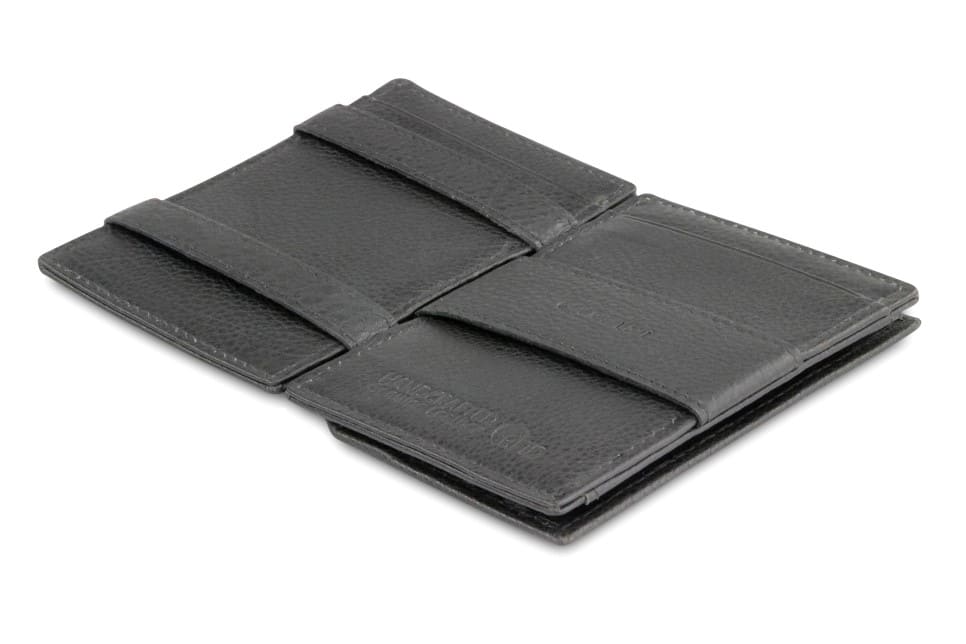 Open Cavare Magic Coin Wallet Card Sleeve Nappa  in Raven Black with pull tab, back coin pocket, and money straps.