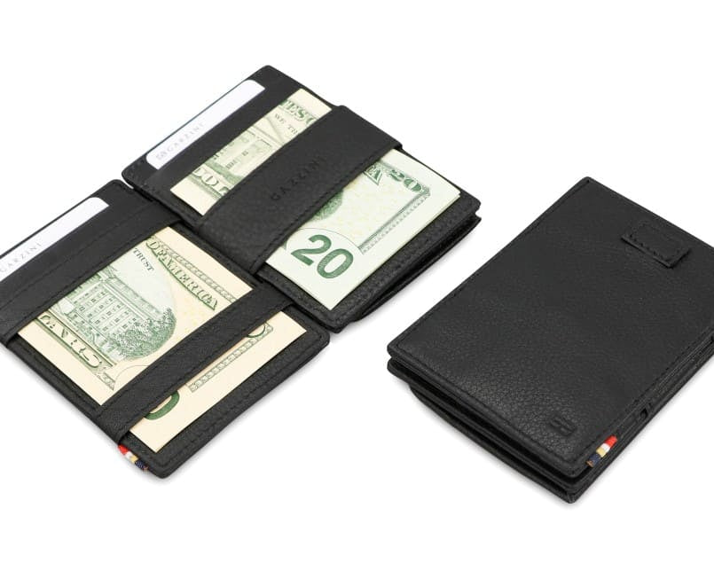 Front and open view of Cavare Magic Coin Wallet Card Sleeve in Raven Black with pull tab, coin pocket, and money straps.